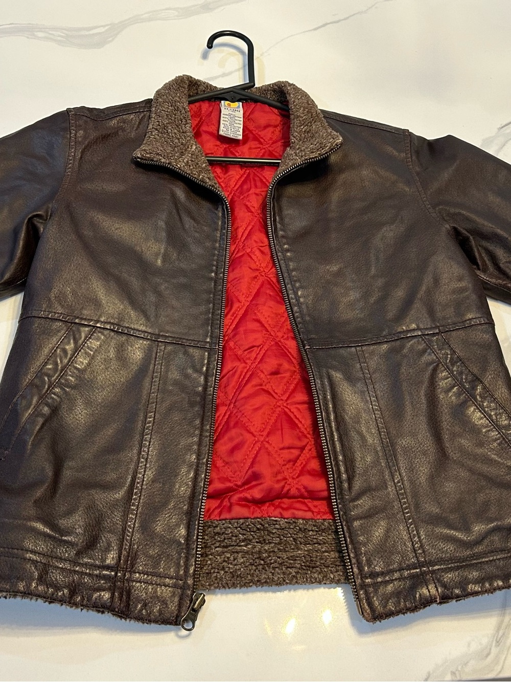 Boys Vintage Gymboree Distressed Brown Leather Jacket with Red Quilted Sz 7
